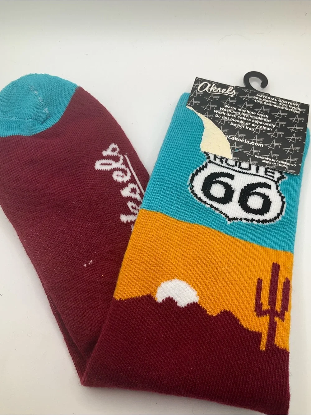 NWT AKSELS Route 66 Novelty Crew Socks - Teal, Mustard & Burgundy Classic USA